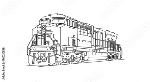 Detailed line art illustration of a modern diesel locomotive train engine, powerful freight transport, railway tracks, black and white drawing