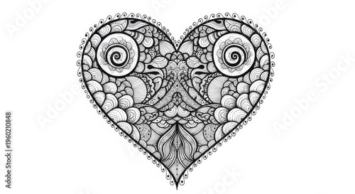 Intricate black and white illustration depicts a heart shape filled with detailed paisley and swirling patterns