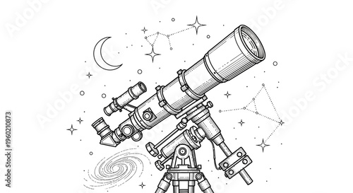 Detailed Line Art Illustration of Astronomical Telescope with Stars, Moon, and Galaxy for Stargazing and Exploration