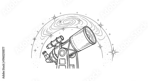 Detailed line art illustration of an astronomy telescope gazing at a cosmic galaxy and stars. Space exploration and discovery.