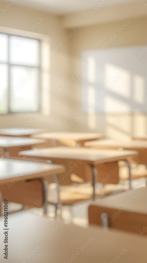 Fototapeta premium Generative AI Bright Classroom Interior With Sunlight and Desks for Educational Stock Images