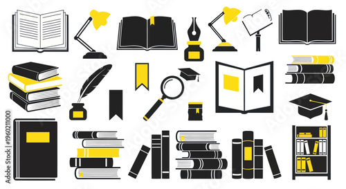 Open Books, Lamps, Graduation Caps, Magnifying Glass, Inkwell - Education & Knowledge
