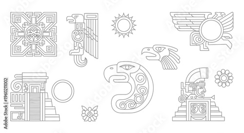 Ancient Mesoamerican Art Line Illustrations Set. Stylized Aztec and Mayan Ornaments, Symbols, and Temple Designs Vector Collection.