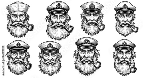 Vintage Sailor Captain Heads Collection, Bearded Men with Pipes and Hats
