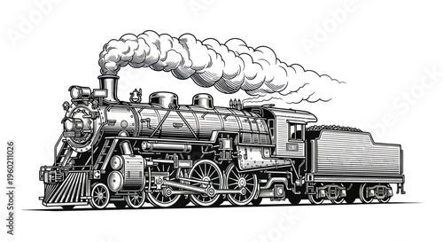 Vintage Steam Locomotive Train, Black and White Ink Drawing, Smoke Stack