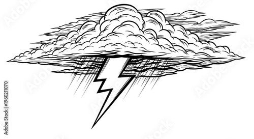 Dramatic black and white illustration of a stormy cloud unleashing heavy rain and a powerful lightning bolt. Hand-drawn weather graphic.