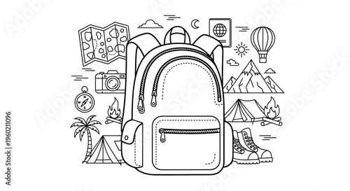 Outdoor Adventure Backpack with Travel and Camping Gear Icons. Monochrome Line Art Illustration for Exploration and Hiking.