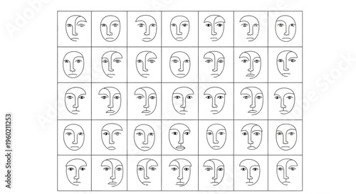 Abstract minimalist line art faces grid. Continuous line drawing illustration featuring diverse human portraits and emotional expressions.