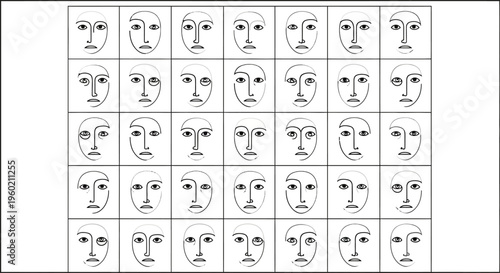 Minimalist abstract line art faces in a grid pattern. Contemporary illustration for human diversity, identity, and communication concepts.