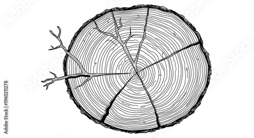Detailed illustration of a tree trunk cross-section revealing annual growth rings and branches, symbolizing nature and time.