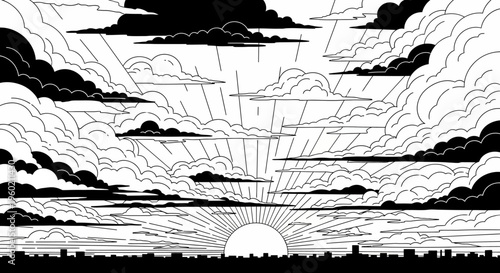 Monochrome line art illustration of sunrise or sunset over a modern cityscape, featuring dramatic clouds and radiating sun rays.