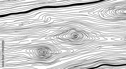 Abstract black and white wood grain pattern, line art illustration of natural timber texture with knots, graphic design background