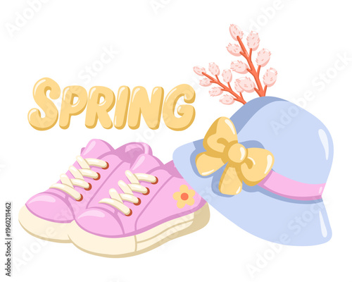 Spring lettering with sneakers hat and pussy willow branch composition. Cartoon vector illustration on white background