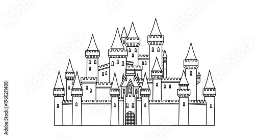 Black and white line art drawing of a majestic fantasy castle with towers, turrets, and fortified walls, ideal for fairy tale and medieval themes.
