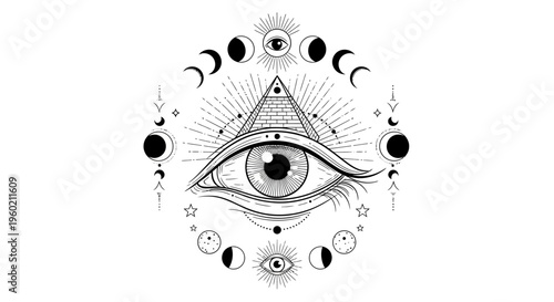 Mystical All-Seeing Eye with Pyramid, Moon Phases, and Celestial Symbols. Esoteric Cosmic Divine Spirituality Engraving Illustration.