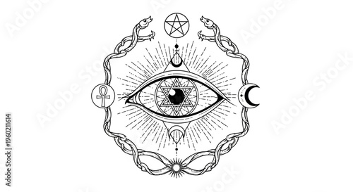 Mystical All-Seeing Eye with Esoteric Symbols. Occult Spiritual Magic Vision Illustration. Black and White Engraving Art.
