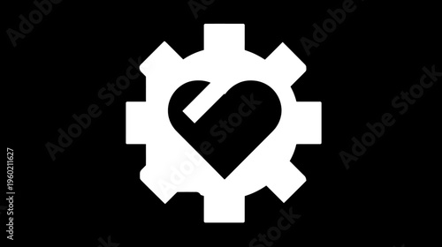 A white heart containing a checkmark is centered within a white gear against a black background
