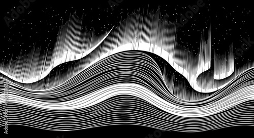 Abstract Wavy Lines Aurora Borealis Pattern. Black and white stylized Northern Lights illustration with dynamic curves and starry sky.