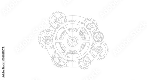 Blueprint illustration of complex interconnected gears and cogs. Technical drawing for mechanical engineering and precision technology.
