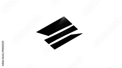 A geometric composition featuring a stylized black shape against a clean white backdrop, evoking modernity