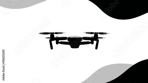 Black and white illustration of a drone with spinning propellers, surrounded by abstract shapes