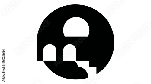 A black and white graphic design that contains archways and steps partially cut off by a circle