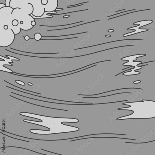 a cartoon drawing of a wave of floodwater overflow full of mud. Grey background water texture