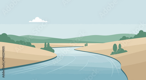 Serene winding river flowing through a natural landscape with rolling hills and fields under a clear sky. Flat design illustration.