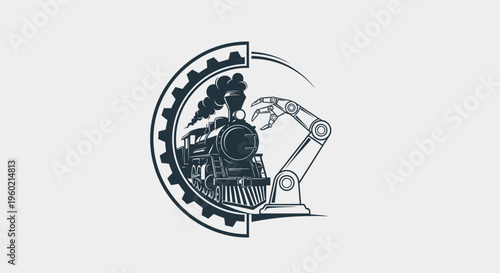 Industrial evolution concept: vintage steam locomotive with gear meets modern robotic arm, representing technology progress and engineering.