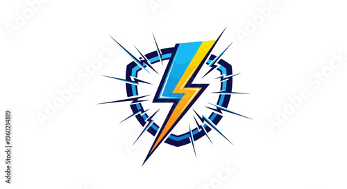 Dynamic lightning bolt shield logo concept with electric energy burst. Modern graphic design for power, speed, and protection.