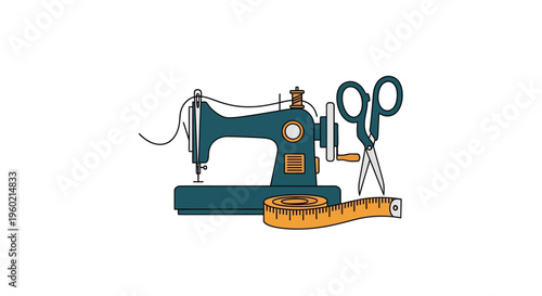 Retro sewing machine, scissors, and measuring tape illustration for tailoring, fashion design, craft hobbies, and textile projects