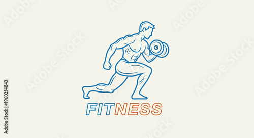 Muscular man exercising with dumbbell, performing bicep curl in a lunge, fitness workout and strength training line art illustration