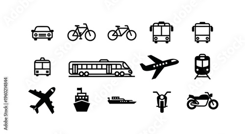 Diverse Transportation Vehicle Icons Set. Flat Black and White Collection of Travel, Commute, and Delivery Modes: Car, Bus, Train, Plane, Bike, Boat, Motorcycle.