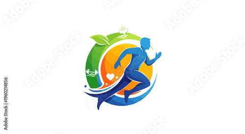 Dynamic running man graphic for health, fitness, wellness, and active lifestyle. Vibrant design with leaves, heart, and dumbbell icons.