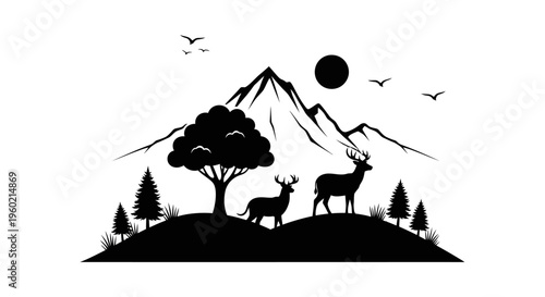 Minimalist black and white silhouette illustration of a majestic mountain landscape with deer, evergreen trees, and birds. Wilderness nature scene.