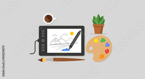 Digital Art Workspace Flat Lay with Drawing Tablet, Stylus, Landscape Sketch, Paint Palette, Brush, and Coffee Cup