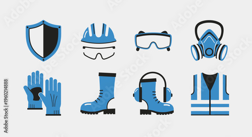 Personal Protective Equipment (PPE) icons set for workplace safety. Health and safety gear, industrial protection vector illustration.