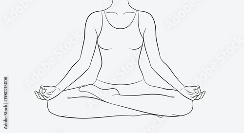 Outline illustration of person meditating in lotus pose. Minimalist line art for yoga, mindfulness, peace, and relaxation.