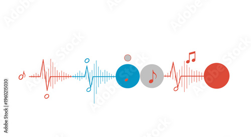 Vibrant audio waveform and musical notes illustration, symbolizing digital sound, beat, and modern music technology.