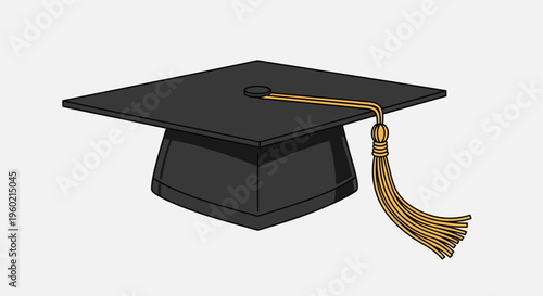 Black graduation cap with a golden tassel, symbolizing academic achievement, success, and educational milestones, isolated on white.