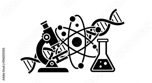 Science and research concept illustration with microscope, atom model, DNA strands, and laboratory flask. Scientific exploration.
