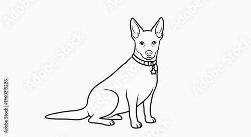 Simple line art drawing of a sitting dog wearing a collar, an outline illustration of a domestic pet animal on a white background.