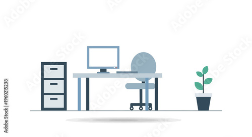 Modern flat design office workspace illustration with desk, computer, chair, filing cabinet, and plant on white background