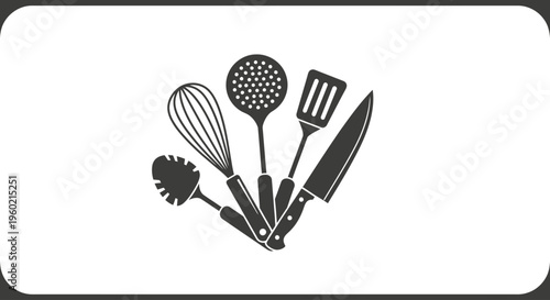 Culinary Kitchen Tools and Gadgets Icon Set Black and White Vector Illustration