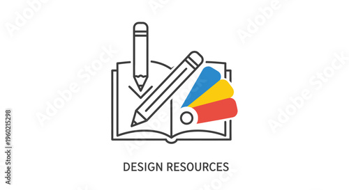 Minimalist Line Art Icon: Open Book with Pencils and Color Swatches. Concept for Graphic Design, Creative Resources, Art Education.