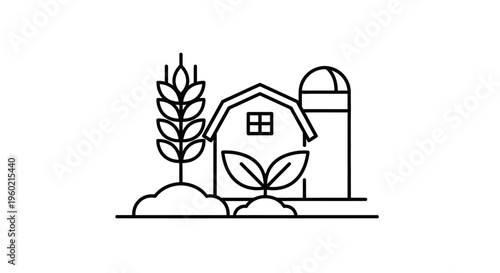Line art illustration of a farm: Barn, silo, wheat stalk, and young plant sprout symbolizing agriculture, growth, and rural life.