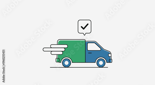 Fast Delivery Van Icon with Checkmark. Express Shipping, Successful Logistics, On-Time Service, Package Transportation Illustration
