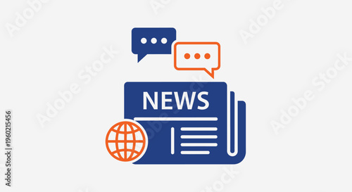Digital Global News and Media Communication Icon, featuring a Newspaper, Earth Globe, and Messaging Speech Bubbles for Information