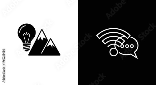 Creative Ideas and Digital Communication Concept Icons: Lightbulb, Mountains, Wi-Fi Signal & Speech Bubble on Split Background