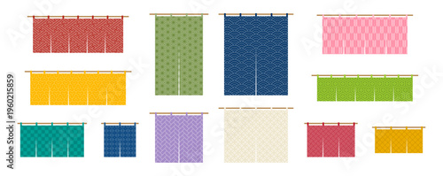 和柄ののれんセット | 伝統文様をあしらった様々なサイズと色の暖簾 | シンプルなフラットデザイン | ベクター素材